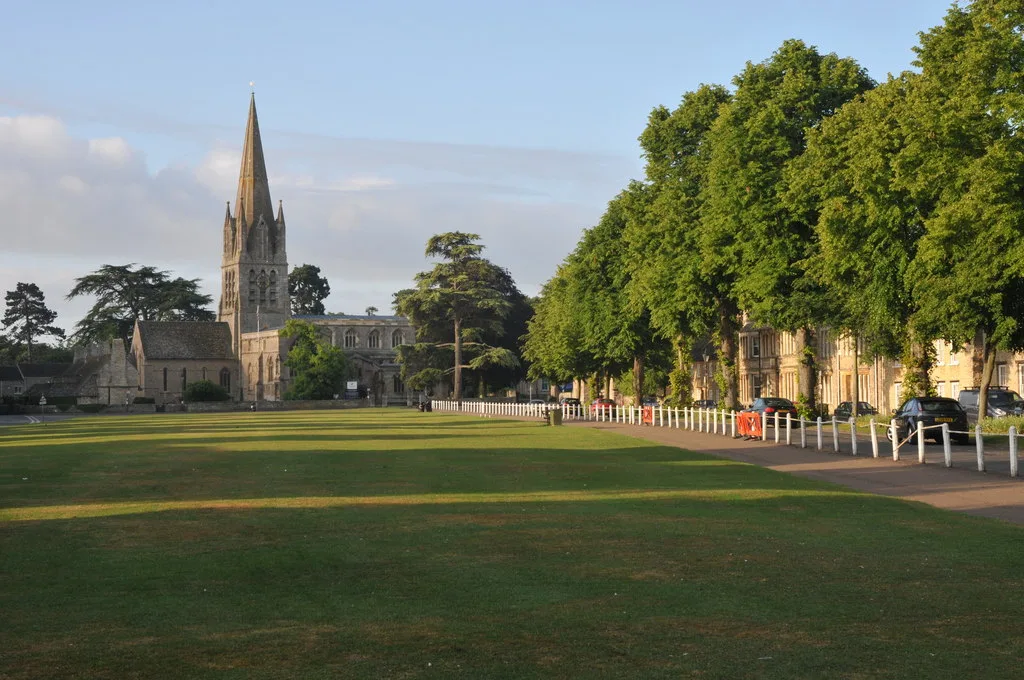 Church Green, Witney, looking towards St Mary's. The parking spaces along its eastern side are where four electric vehicle charging bays were proposed
