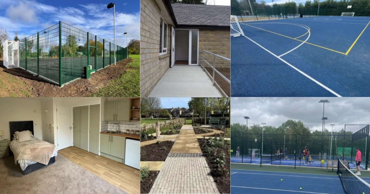 Projects paid for with developer money: a fenced games area, a ramped bungalow entrance, a supported living room, a garden path and padel and tennis courts