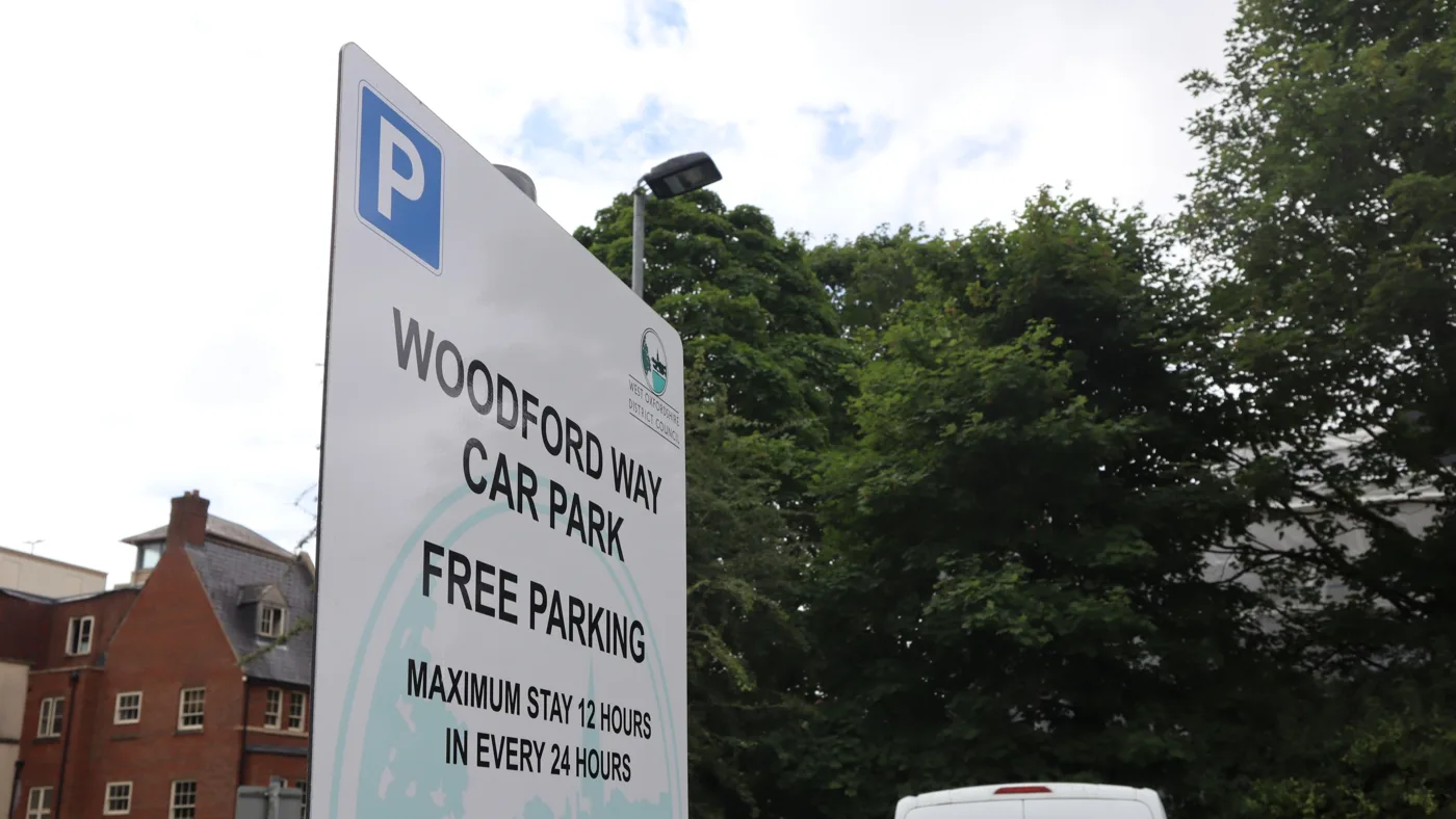 The Woodford Way car park sign in Witney, with its free 12-hour parking limit